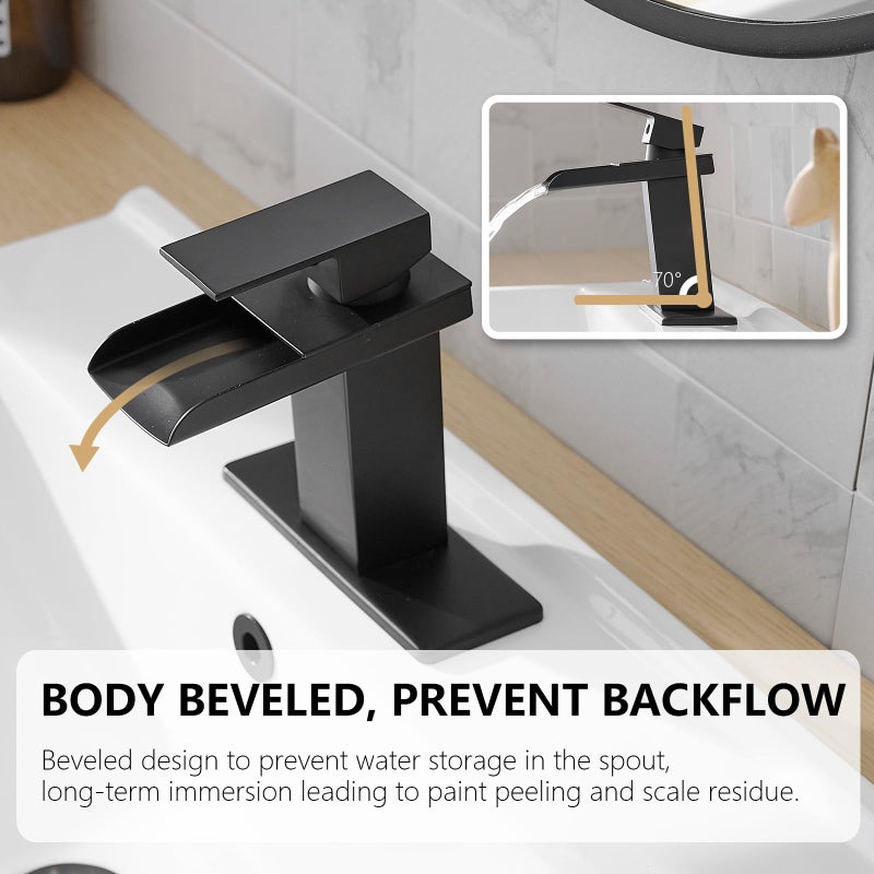 BATHLAVISH Waterfall Bathroom Faucet Single Hole, Matte Black Single Handle Bathroom Faucets for 1 or 3 Hole Sink Faucet w/Pop Up Drain Mixer Tap Basin Deck Supply Hoses - Image 2